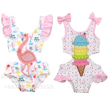 

Kids Girls Sweet One Piece Swimsuit Flamingo/Ice Cream Print Fashion Hollow Ruffles Suspender Swimsuit Baby Girls Bikini 0-3Y