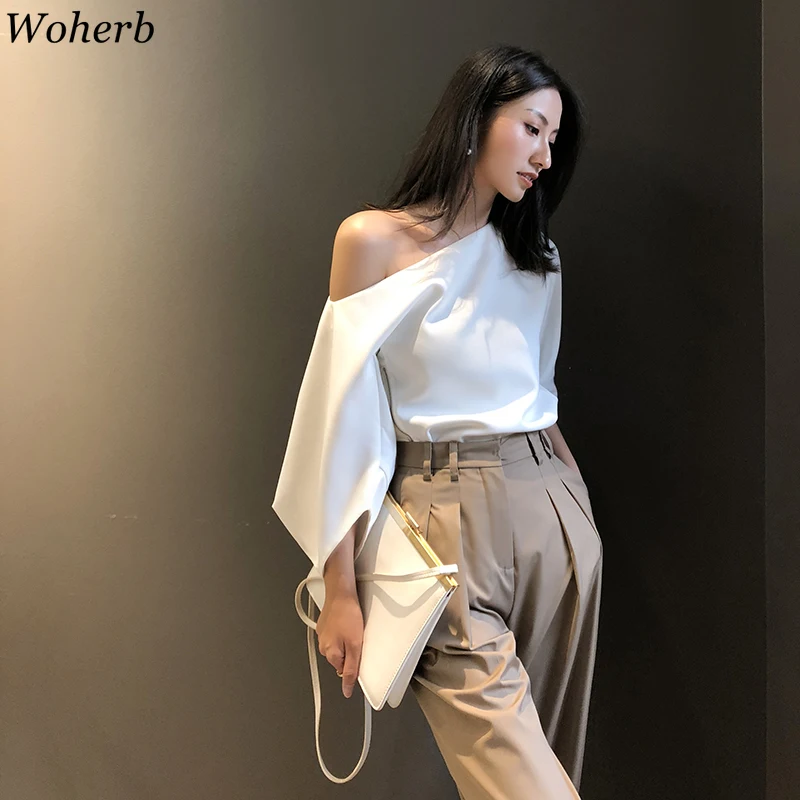 Женская Асимметричная блузка Woherb белая однотонная с открытыми плечами в
