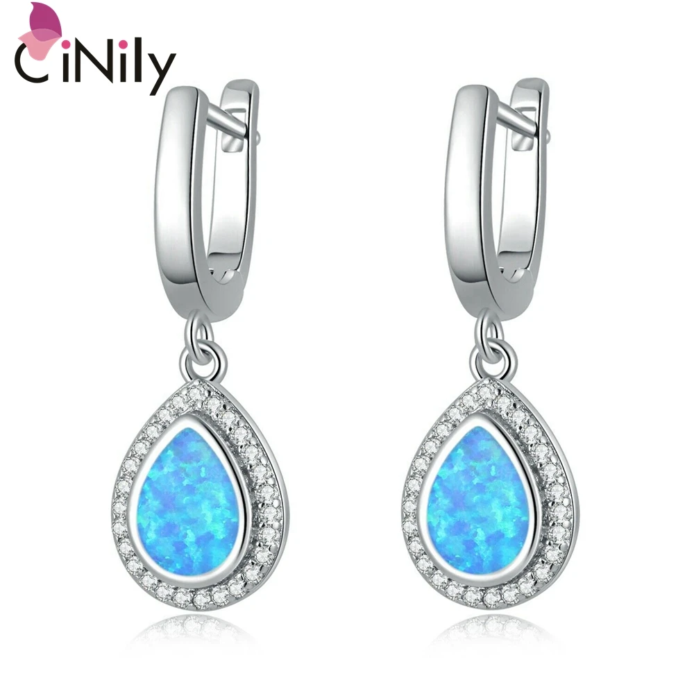 Cinily создан сине-белые огненный опал кубического циркония Посеребренные для женщин Jewelry Серьги 1 1/" OH4281-82