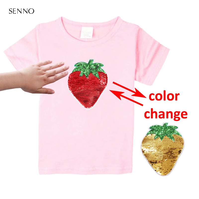 Camisetas de fresa que cambian de Color para niñas, camiseta para niños con lentejuelas reversibles, camiseta para Camiseta brillante para adolescentes|Camisetas| - AliExpress