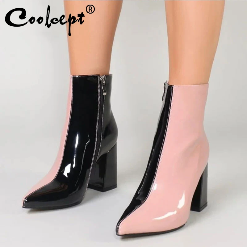 

Coolcept Fashion Mixed Color Ankle Boots Pointed Toe Zipper Thick Heel Shoes Women Autumn Winter Daily Footwear Size 35-43
