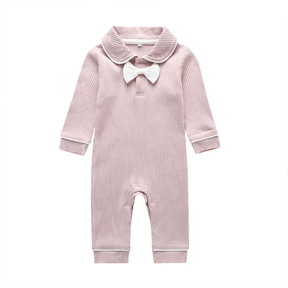 kids Spring Autumn Clothing Newborn Baby Girl Boy Bowknot Knitted Romper Jumpsuit Long Sleeve Clothes Outfits 6M-24M - Цвет: Розовый