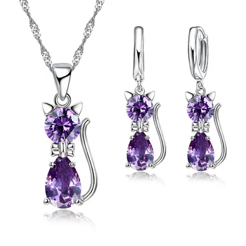 

Jewelry Sets Accessories Genuine 925 Sterling Silver Cubic Zirconia Clear Cat Necklace Pendant+Leverback Earrings Hot Sall