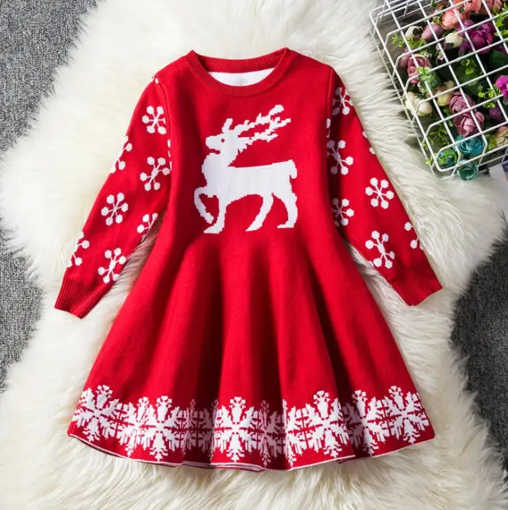 Детские платья для девочек; платье с длинными рукавами и принтом оленя и снежинки; костюм-свитер; платье принцессы; детская Рождественская одежда; Vestidos