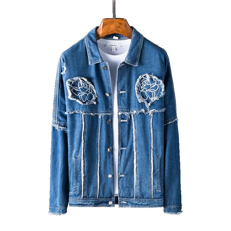 

MORUANCLE Men's Ripped Jean Jackets With Flower Embroidery Hi Street Distressed Denim Trucker Jacket Outerwear Size M-XXXL