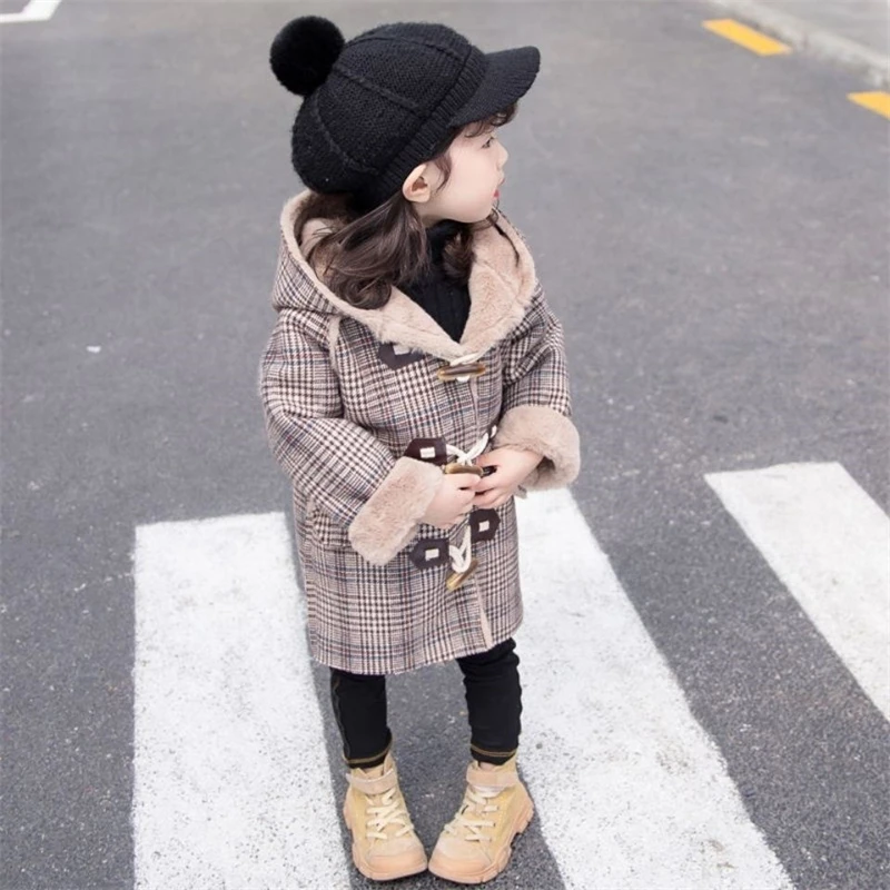 Girls Wool Coat Jacket Outerwear 2021 Stylish Warm Thicken Plus Velvet Winter Autumn Cotton School Teenagers Children's Clothing