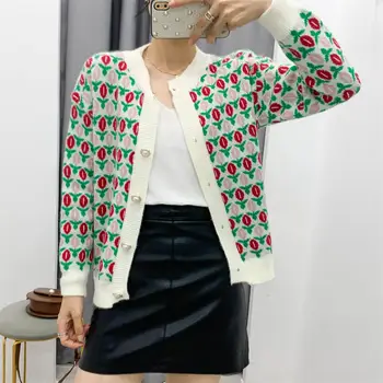 

2020 fall new style thin all-match Xuanya Xiaoxiang wind jacquard retro pearl button knitted cardigan top women
