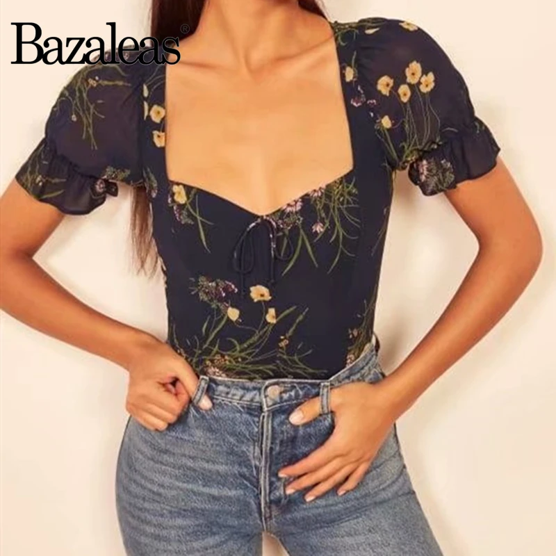 Блузка Bazaleas с французским цветочным принтом Темно Синяя Женская блузка