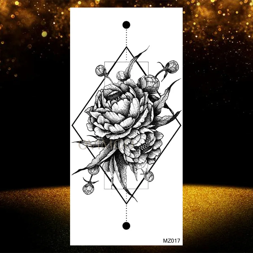 Waterproof Geometric Fake Temporary Arm Tattoos Sticker Black Rose Lily Tatoos Body Art For Women Realistic Peony Leaf Tattoos - Цвет: OMZ017