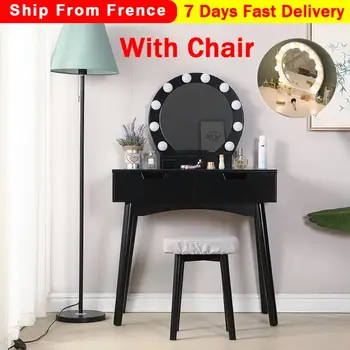 

Bedroom Modern Vanity Set With Lighted Mirror Cushioned Stool Dressing Table Bedroom Vanity Makeup Table Two Drawer HWC