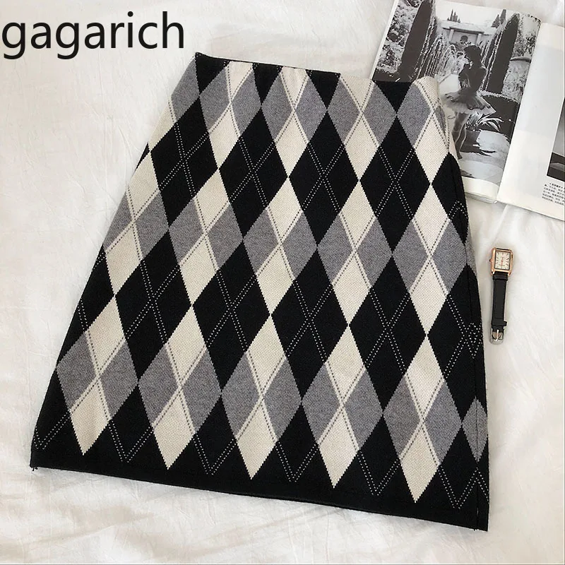 Gagarich Skirts Contrast Colored Plaid Knitted Women Autumn Winter New Korean Style Fashion Retro Skinny Skirt Tide