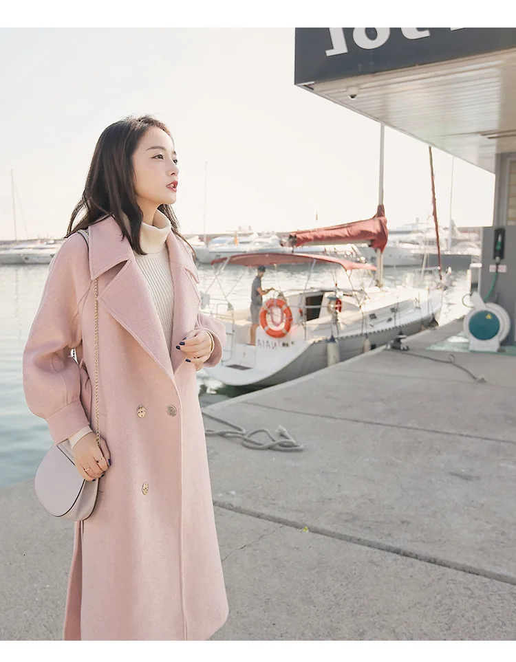 Корейское Женское шерстяное пальто с рукавами-фонариками, с поясом, зима-осень, длинная розовая, красная, белая куртка, Женская парка, базовые куртки