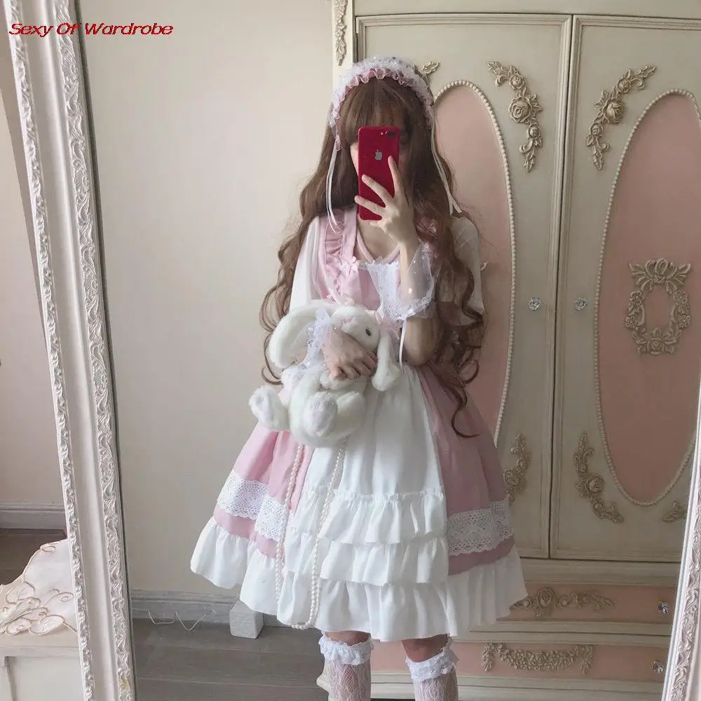 Japanese Sweet Kawaii Cute Lolita Women Fashion High Street Long Sleeves Fairy Dress Korea Harajuku Lace Flouncing Dress Lolita Dress,Lolita Suspender Dress,Lolita Cosplay Costumes,Suspender Dress