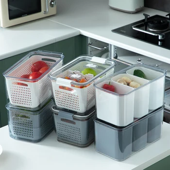 

Kitchen Plastic Storage Box Fresh-Keeping basket Refrigerator Fresh Fruit Vegetable Drain Crisper Kitchen Storage Containers