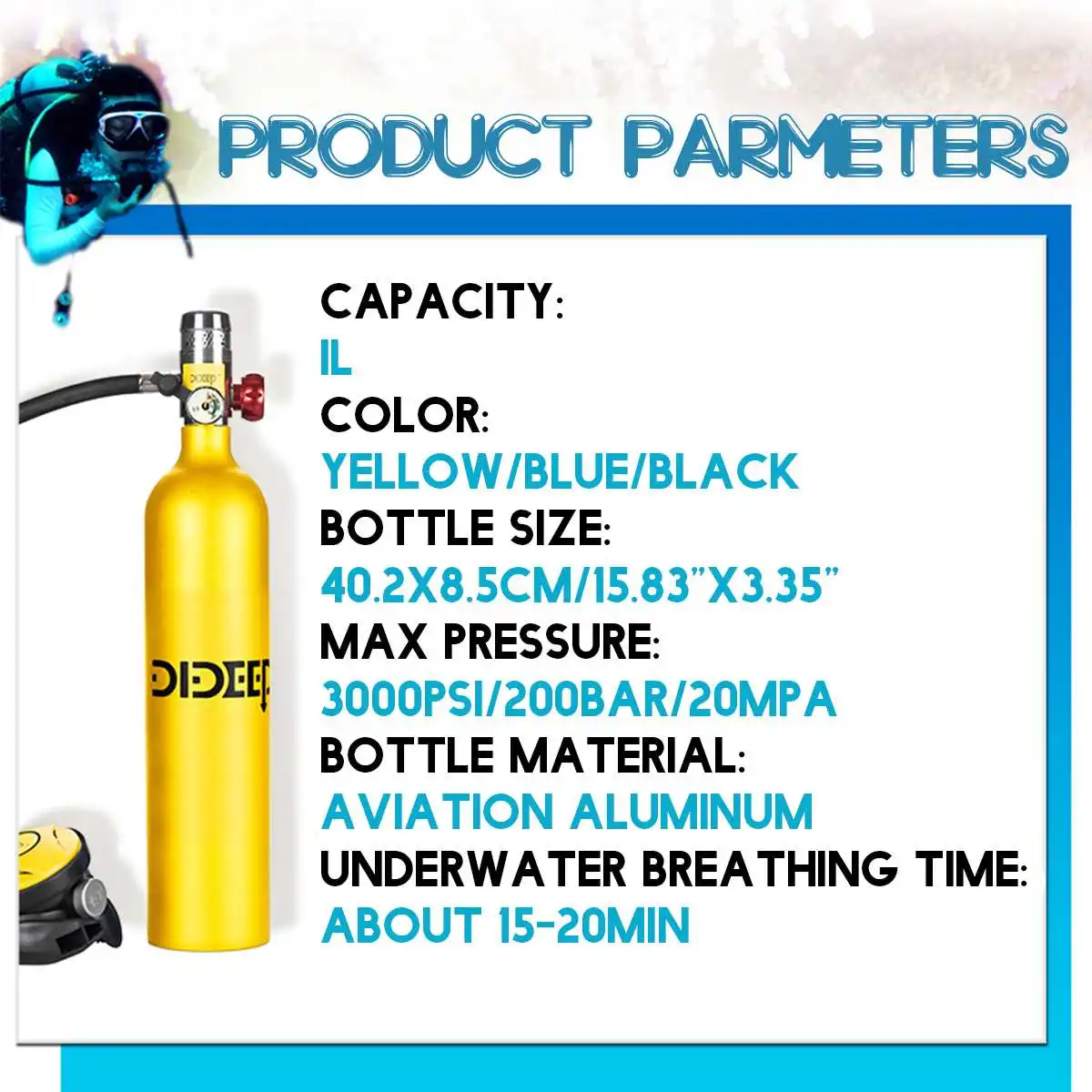 DIDEEP 1L/0.5L кислородный баллон для дайвинга, система для дайвинга, респираторный Набор для подводного плавания, дыхательное оборудование