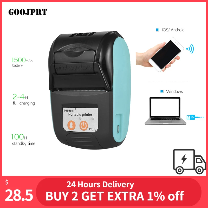 Black GOOJPRT Portable 58mm Bluetooth Thermal Printer Handheld Mini Receipt Printer 80mm/s Print Speed for iOS Android Windows System 