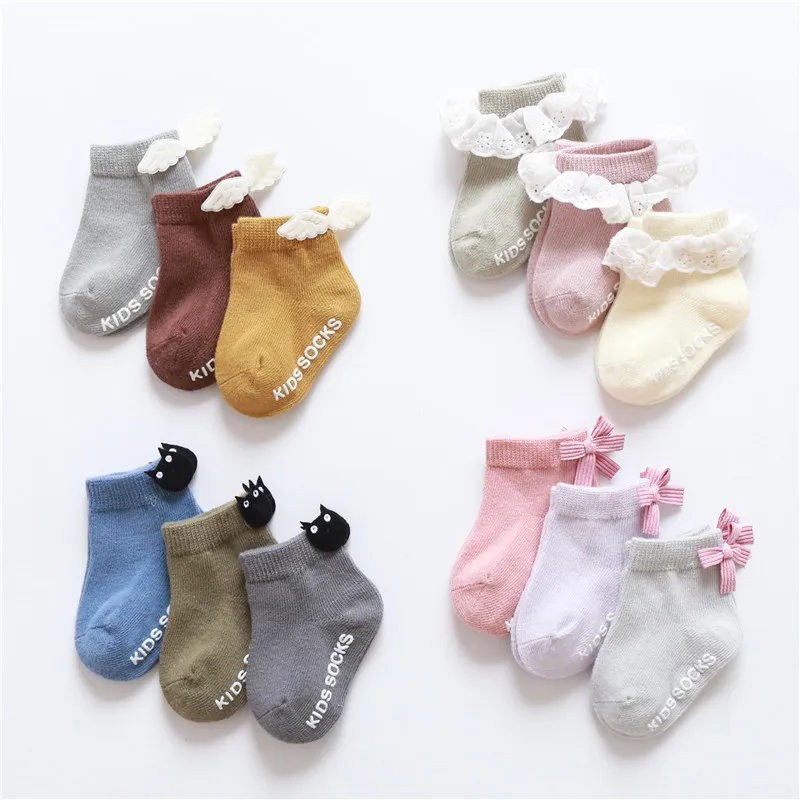 

3Pairs/Set Newborn Baby Socks Cute Bow Lace Wing Baby Girl Socks Soft Cotton Infant Socks New Born Anti Slip Socks recien nacido