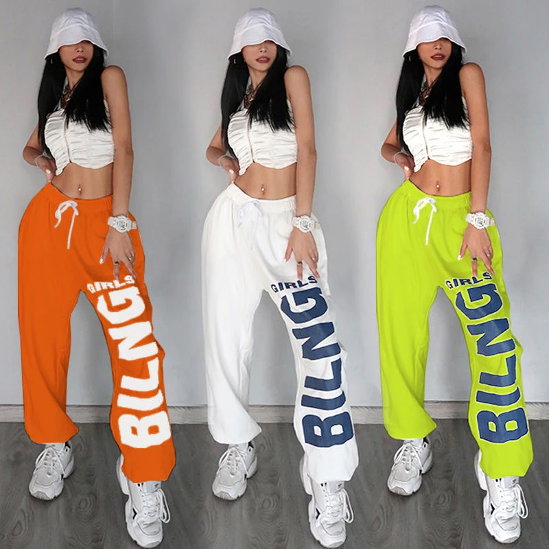 American retro letter print trousers women's 2021 new sports hip-hop trend casual pants dance jazz performance loose pants fashion clothing