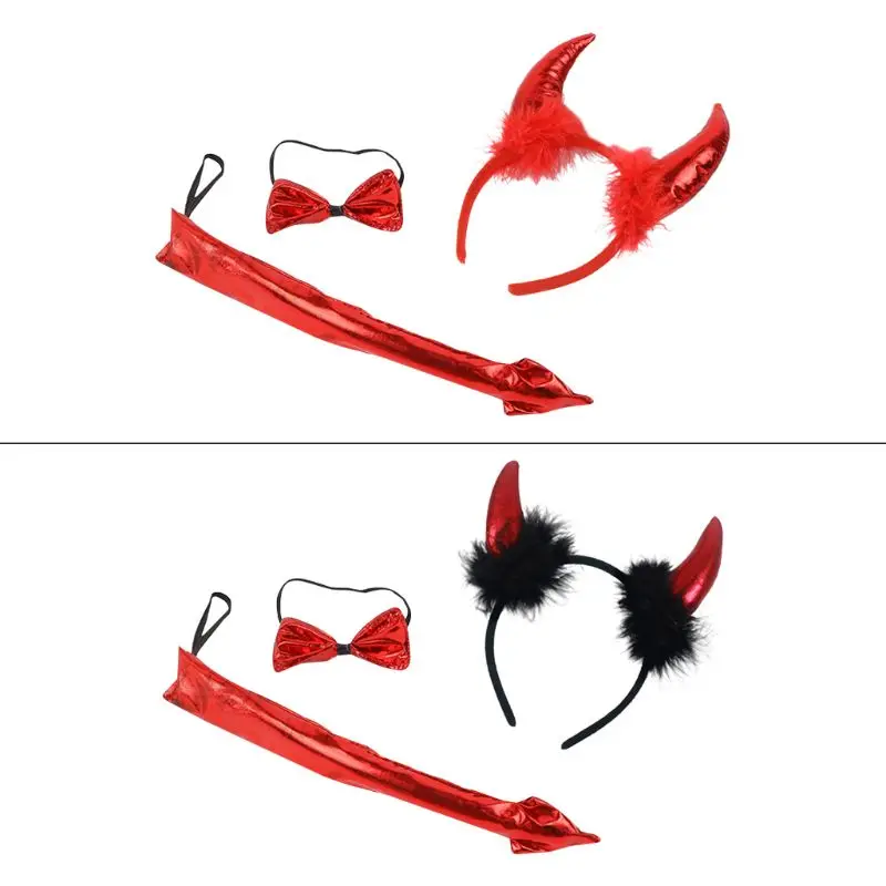 

3 Pcs/set Halloween Horn Headdress Set Devil Headband Animal Style Tail and Tie Child Adult Masquerade Cosplay Props