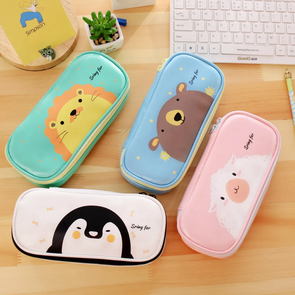 Мультяшные пеналы Kawaii Зеленый Лев Пингвин Медведь ручка чехол Pu водонепроницаемый большой емкости ручка чехол студенческое хранилище канцелярских товаров коробка