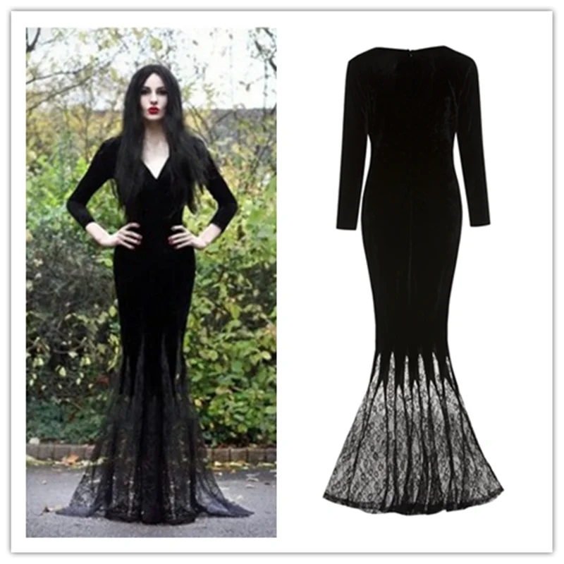 Женский костюм в готическом стиле Morticia Черное Кружевное Платье для