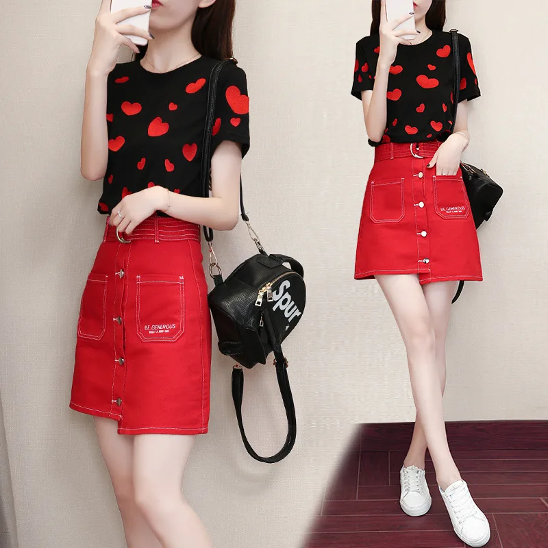 

Embroidery Knit Dress Outfit Women's 2019 Korean-style Summer Wear Short-sleeve Dress Women's High-waisted Two-Piece Set