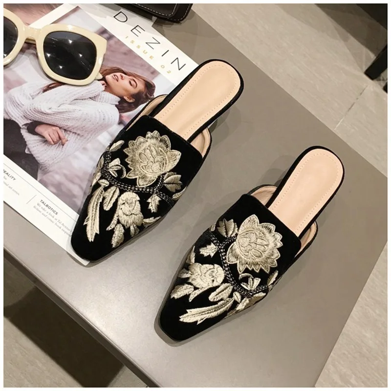 

Spring Fashion 2020 Women Slipper Embroider Slip On Mule Shoes Low Heel Outdoor Sandals Slides Casual Flip Flops