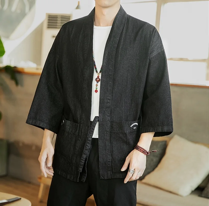 Кимоно кардиган Мужская японская мода Джинсовая рубашка кимоно Каратэ костюм самурая юката хаори куртка джинсы KK3242