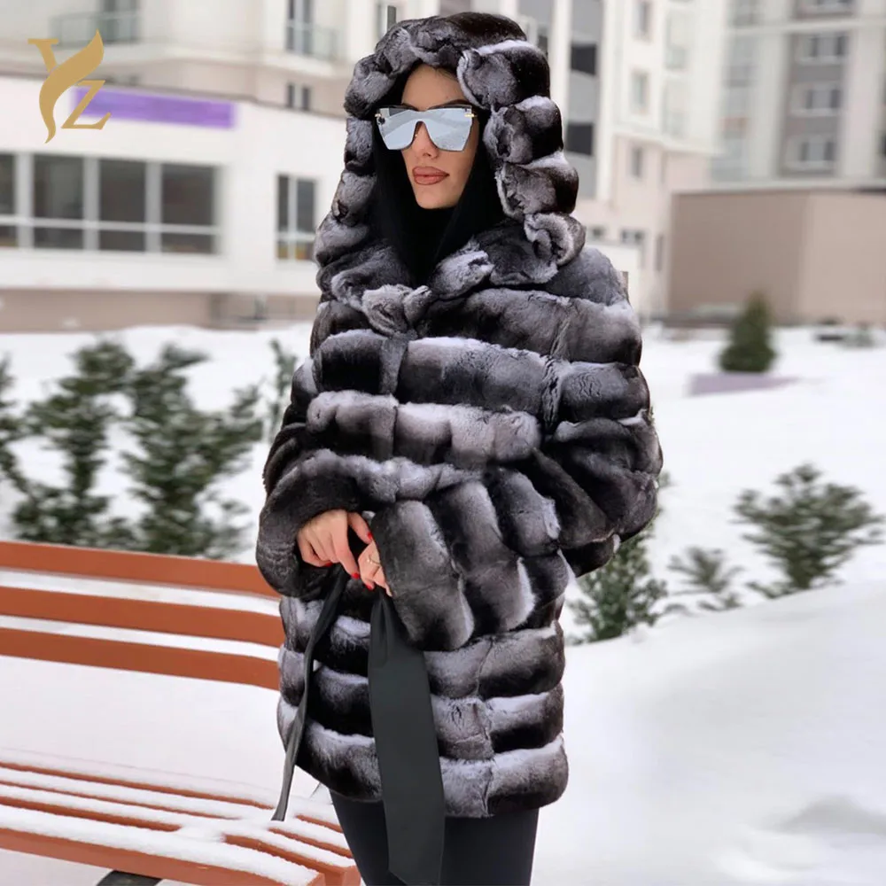 Натуральный мех, Женское пальто с капюшоном, Шиншилла, мех кролика Рекс, пальто с капюшоном и стоячим воротником, теплое модное женское пальто из натурального меха