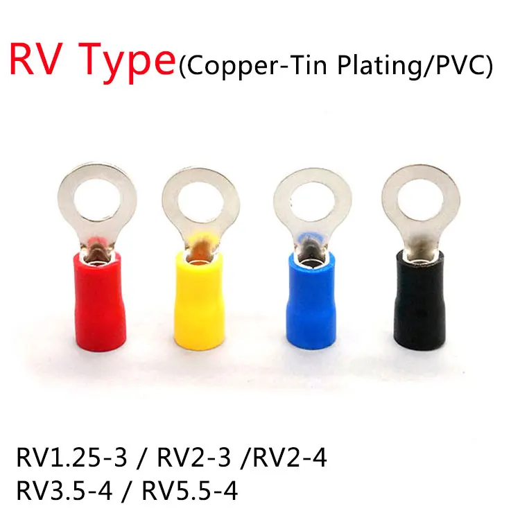 50pcs RV1.25-3 RV2-3 RV2-4 RV3.5-4 RV5.5-4 Wire Terminal Crimp Splice PVC Insulation Circular Round Cold Press Cable End Connect