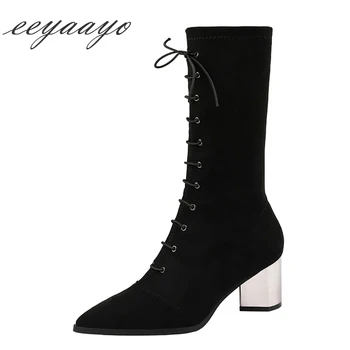 

2019 New Winter Women Ankle Boots High Square Heel Pointed Toe Lace-Up Solid Sexy Ladies Women Shoes Khaki Warm Short Boots
