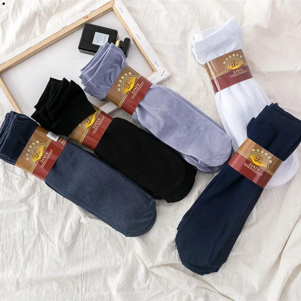 5Pairs/Lot Business Men's Thin Cotton Bamboo Fiber Long Crew Socks Summer Silk Casual Soft Elastic Ankle Sox Male | Мужская одежда