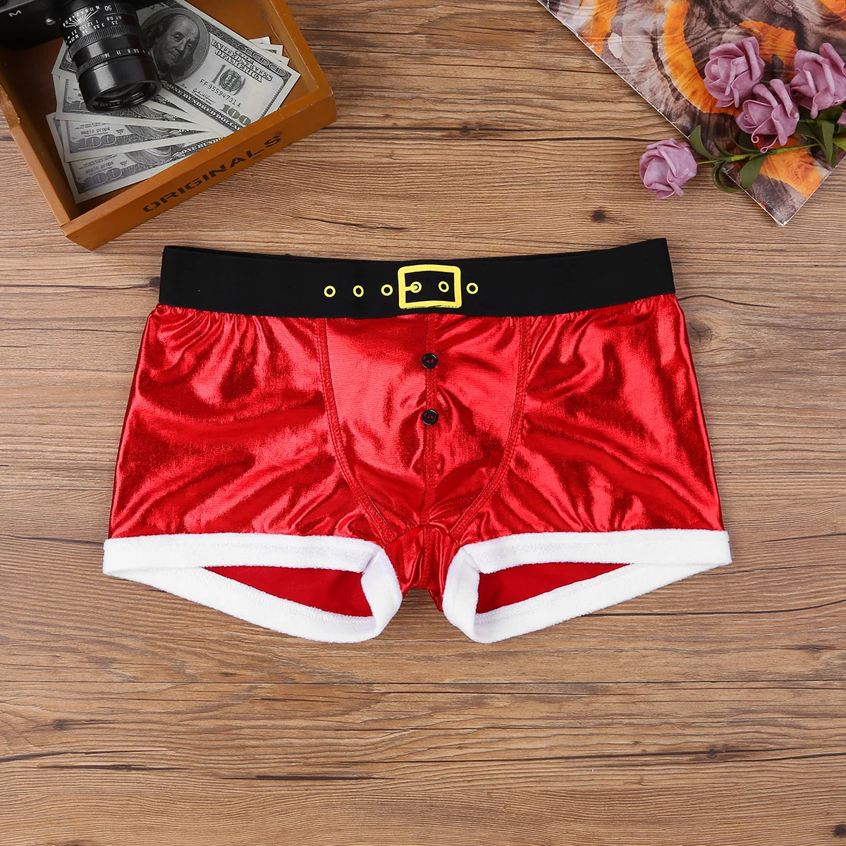 Mens Christmas Role Play Costume Sexy Lingerie Set Club Dance Outfits Collar Cuffs with Low Waist Shorts Underpants Underwear