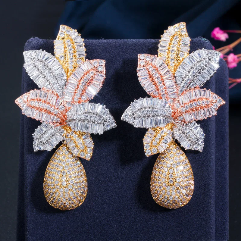 

LUALA 3 Tone Gold Luxury Large Leaf Drop Flower Micro Cubic Zirconia Paved Naija Wedding Party Earring for Women CZ644