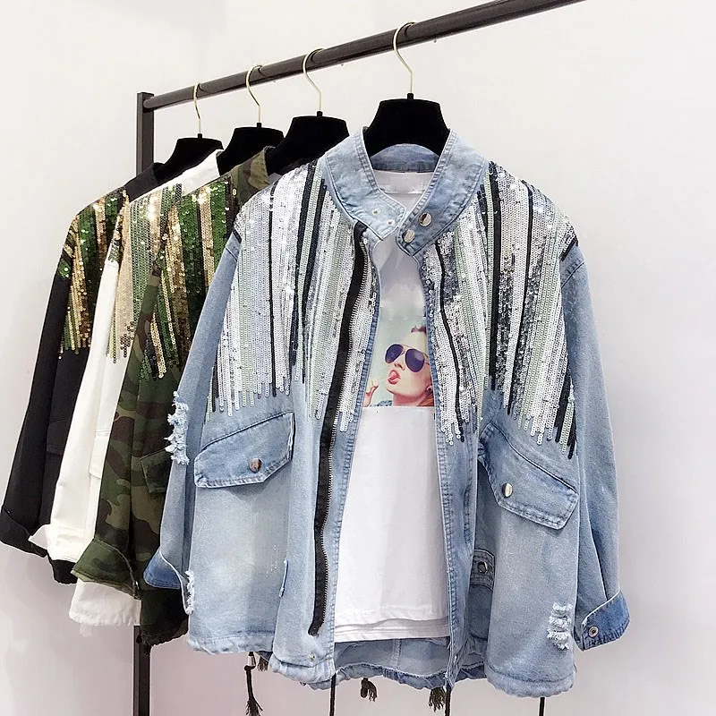 Promo  Boho Camouflage Jacket Women Sequins Shinny Lace Up Denim Coat Bomber Long Sleeve Coats
