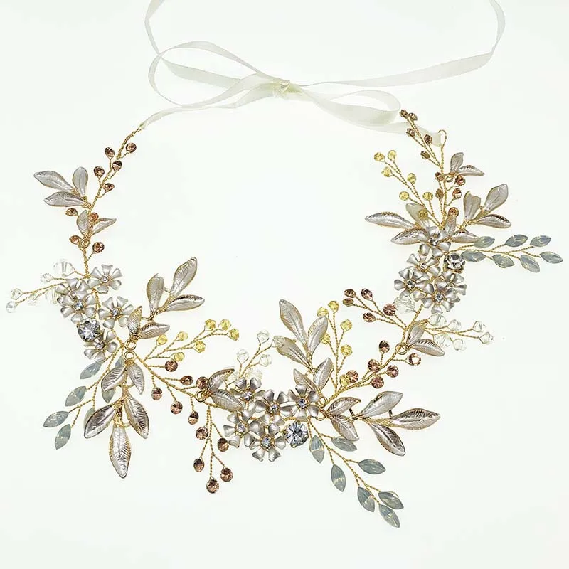 

Handmade Crystal Olive Leaf Headband For Women Wedding Bridal Headpiece With White Streamer Headwear Headdress Hair Jewelry