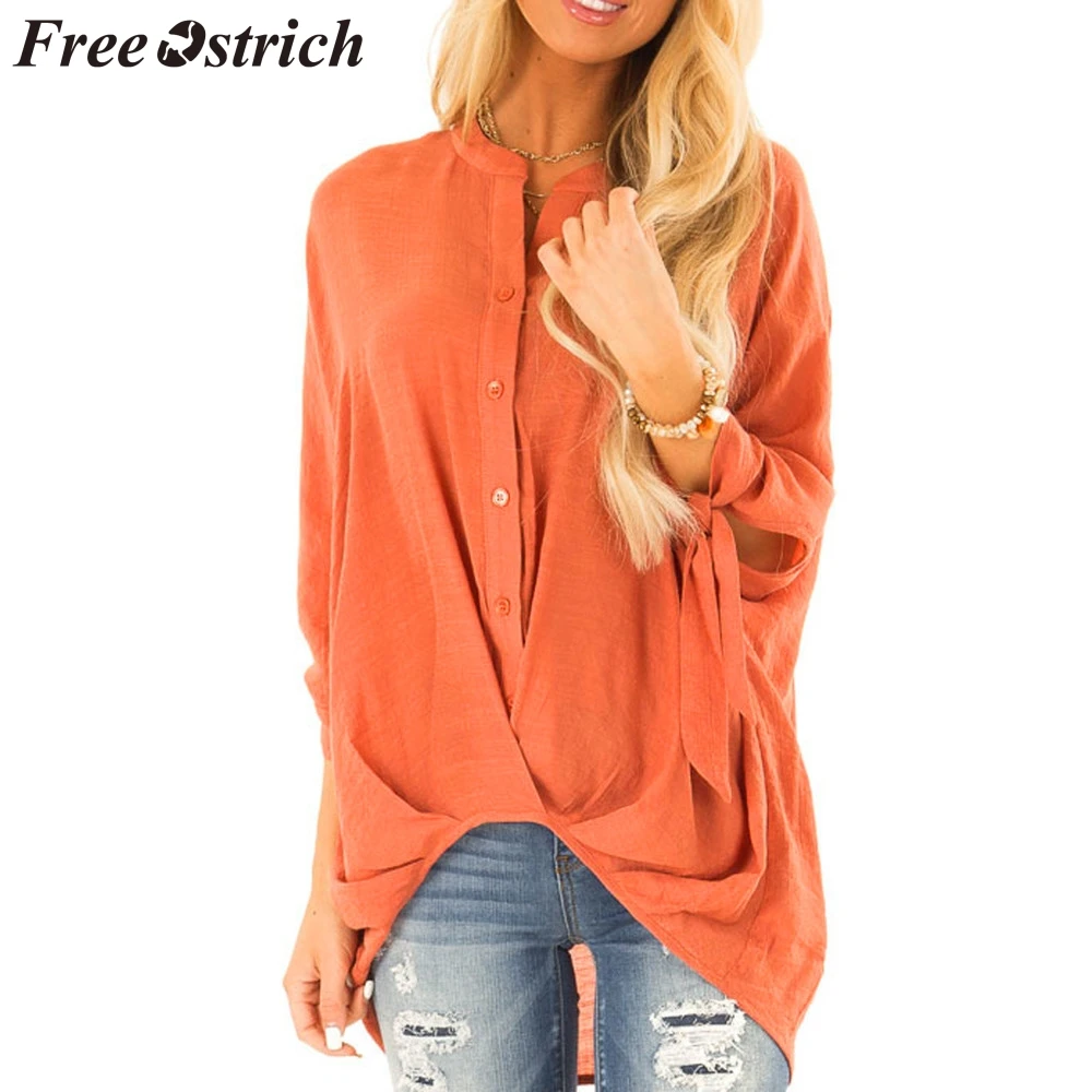 

FREE OSTRICH Womens Tops And Blouses Stand Collar Long Sleeve Solid Color Knotted Orange Autumn And Winter Blouses Woman 2019