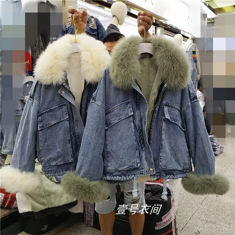 

Real Fox Fur Collar Denim Jacket Winter Womens Streetwear Overcoat Fur Coat Jeans Jackets Removable Imitation Rabbit Liner Coat