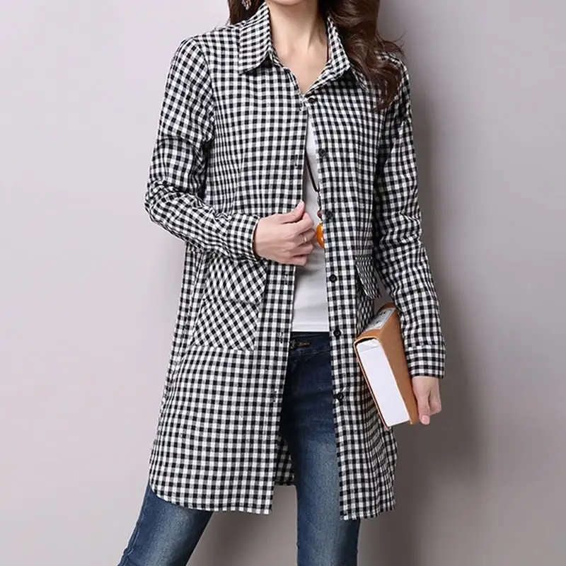 2022 Autumn Women New Simple All-Match Loose Shirt Turn Down Collar Plaid Female Blouses Casual Long Sleeve Mid Top