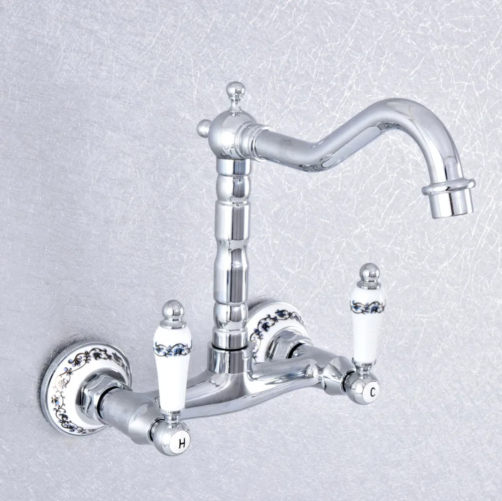 Silver Polished Chrome Brass Ceramic Base Wall Mounted Dual Ceramic Lever Kitchen Bathroom Vessel Sink Faucet Mixer Taps asf769
