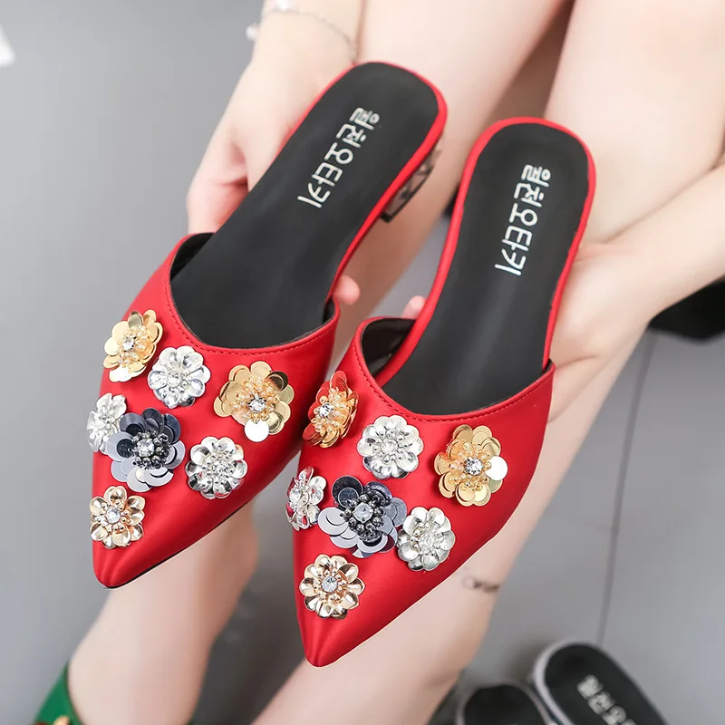 

Large Size Sandals Women's 2019 Flat Heel Pointed-Toe Man-made Diamond Sequin Flower Closed-toe No Heel Mules Shoes Outer Wear S