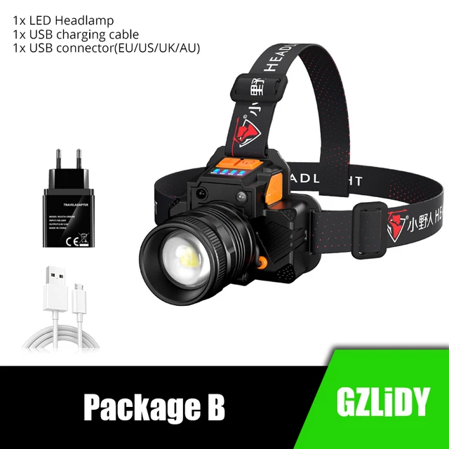 USB Rechargeable LED Headlamp Super Bright T6/L2 Waterproof Headlight with Sensor Switch 3 Modes Fishing Flashlight Zoom Lantern Package B