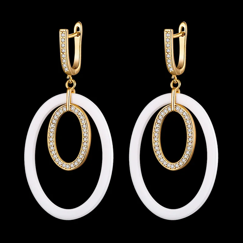 gold white MAIKALE, простые черно-белые керамические серьги для женщин, кубический цирконий, золото, серебро, круг, висячие серьги, новые модные ювелирные изделия - Окраска металла: gold white
