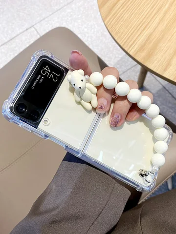 Bear Bracelet  Phone case For Samsung Galaxy Z Flip 3 Bads Hand Chain Clear Z Flip Shockproof Cover
