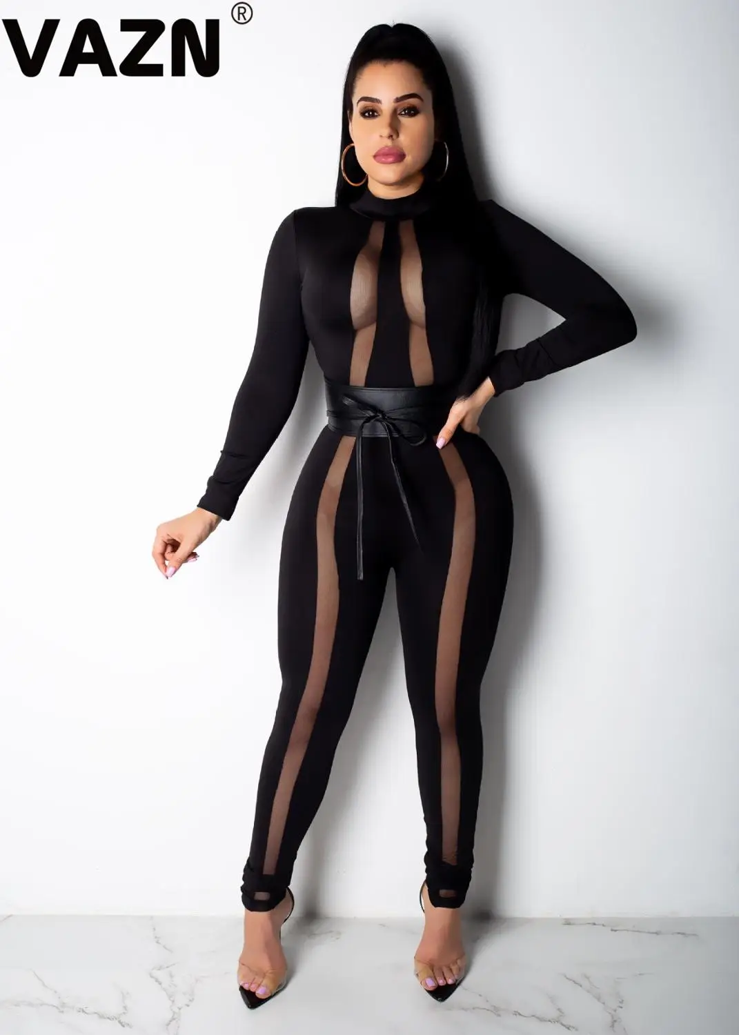 VAZN GYD18070 tos design autumn sexy lady black jumpsuit full sleeve zipper fly skinny jumpsuit springy sexy club jumpsuits