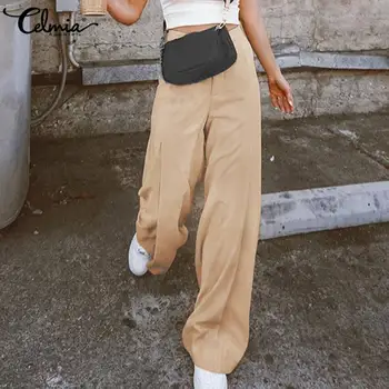 

Celmia Causal Wide Leg Pants Women High Waist Vintage Palazzo 2020 Fashion Elegant Long Pockets Loose Pantalon Femme Plus Size