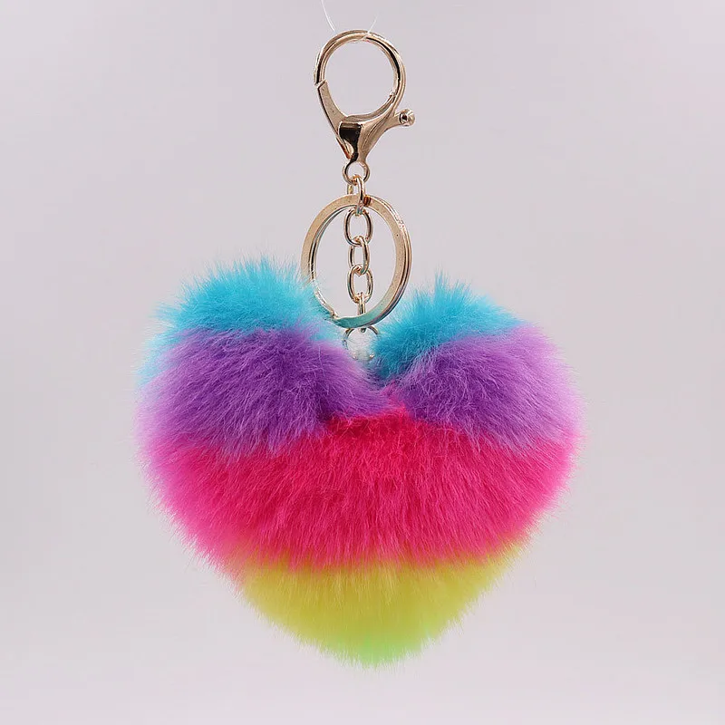 

1PC Heart Pompoms Keychain Rainbow Plush Key Chains Decorative Pendant for Women Bag Accessories Keychains Car Fashion Keyring