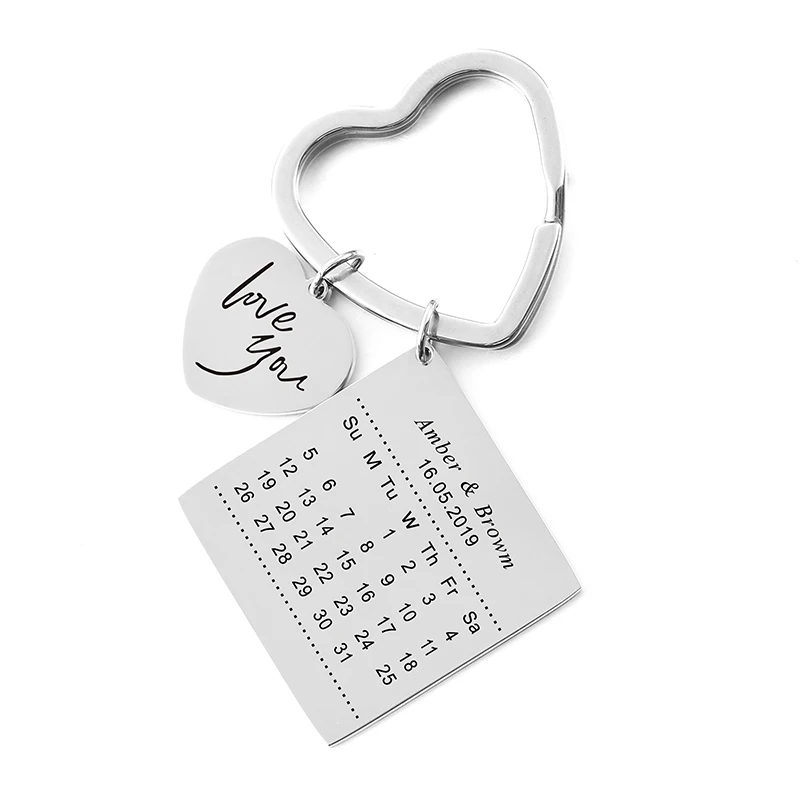 

Customized Name Heart Love You Keychain Personalized Couple Birth Date Calendar Key Chain Circle Key ring Women Jewelry Men Gift