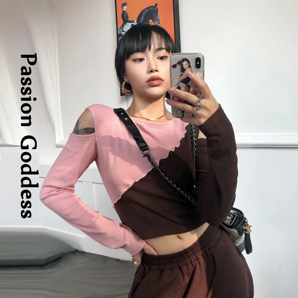 Korean Style Women Off Shoulder T-shirt Elegant Lady Long Sleeve Patchwork Shirts Tops Round Neck Autumn Loose Bottoming Shirt | Женская