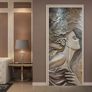 

European Style Door Sticker 3D Stereo Releif Figure Wallpaper Living Room Bedroom Door Poster PVC Self-Adhesive Decal 3D Sticker